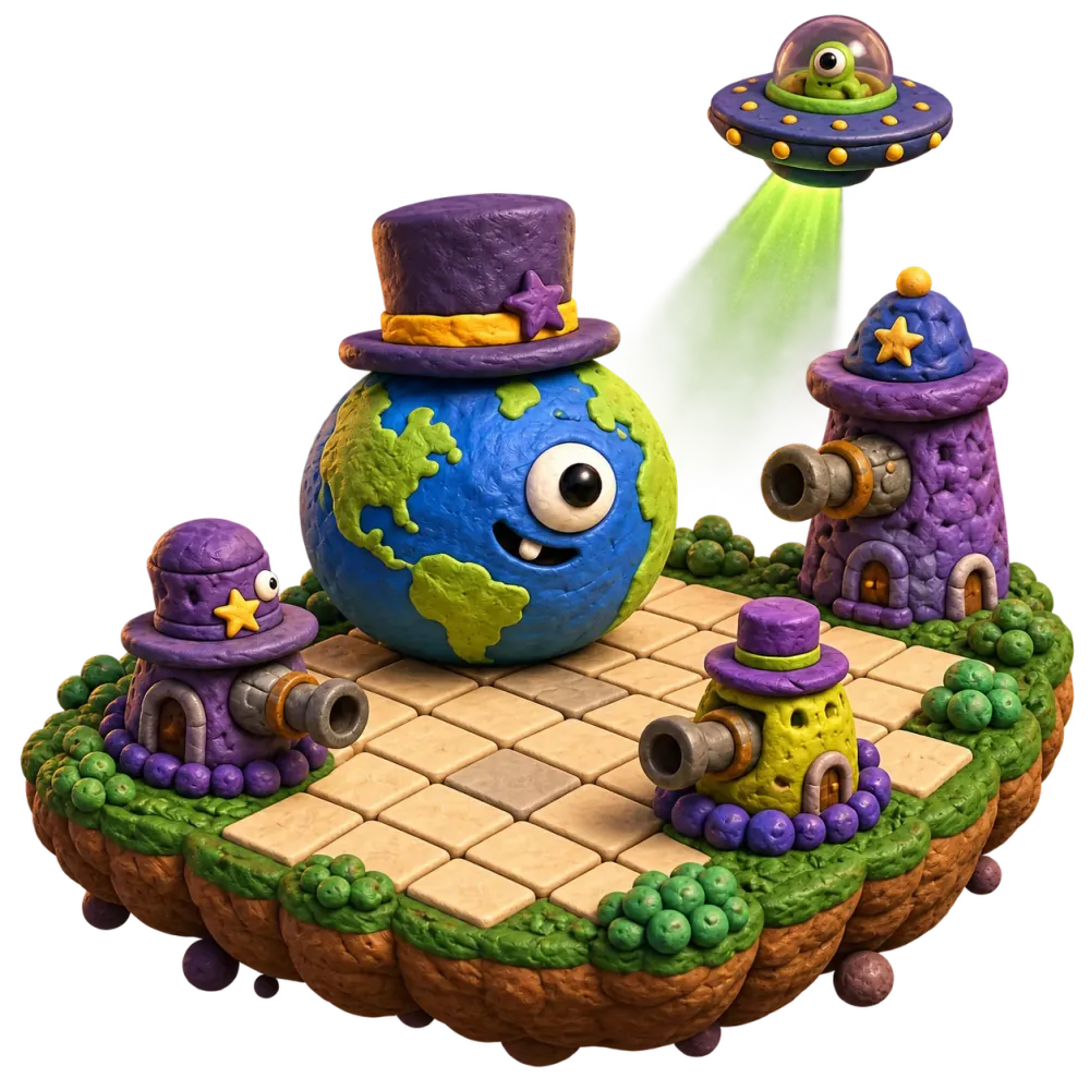 A tiny clay Earth in a top hat, defended by towers.