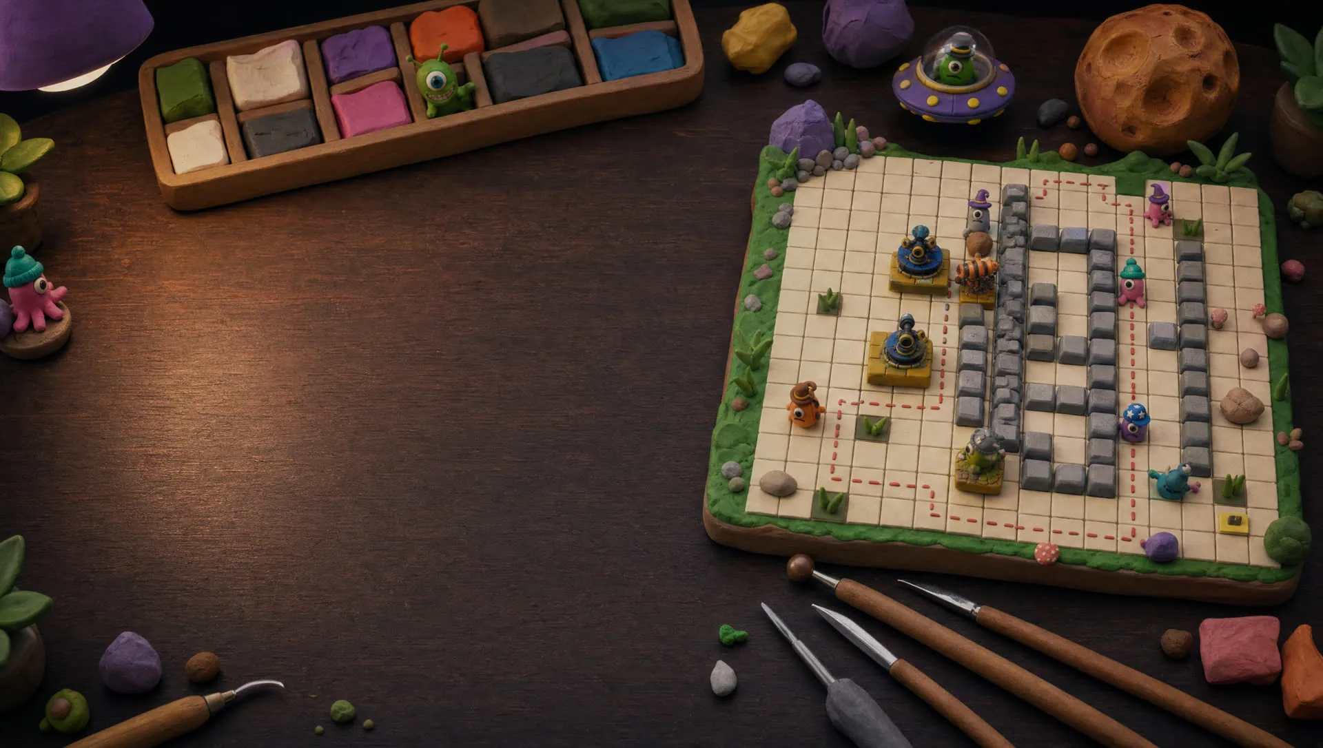 A clay game board on a wooden desk beside a tray of plasticine and sculpting tools.