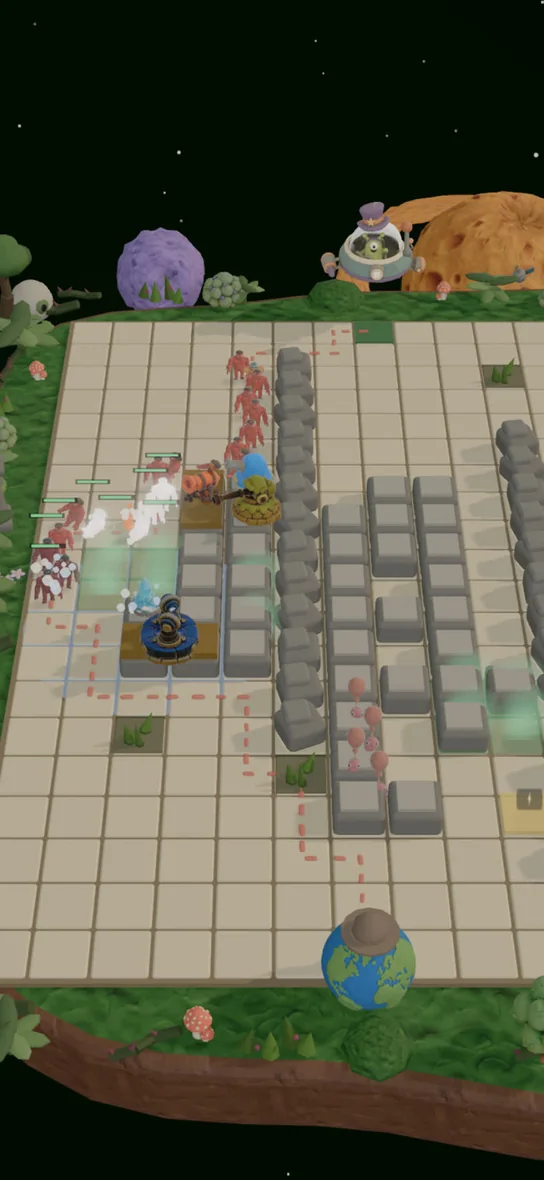 Towers firing at a column of red invaders marching along the path.