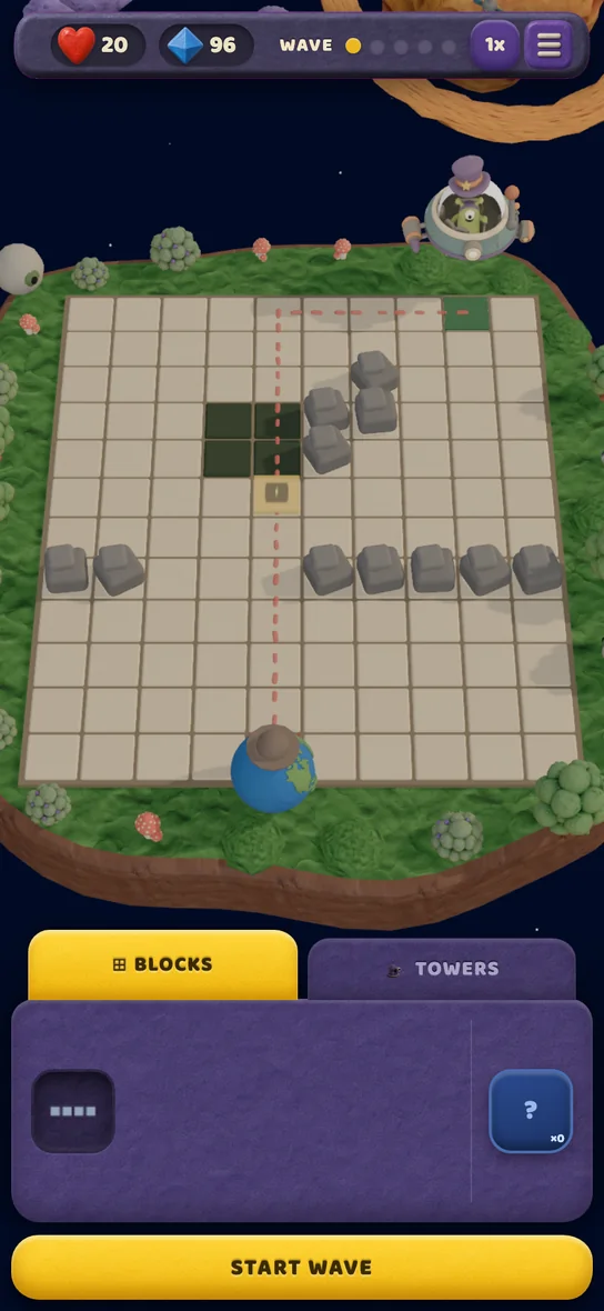 A battle board: a grid of tiles with grey blocks placed to lengthen the enemy path.